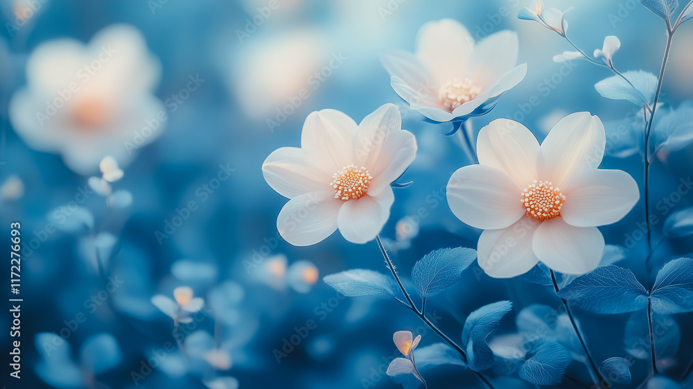 Serene Blue Flowers: Soft, dreamy white flowers bloom in a tranquil blue garden. A peaceful image perfect for spring, nature, or wellness themes. Serene Blue Flowers: Soft, dreamy white flowers bloom in a tranquil blue garden. A peaceful image perfect for spring, nature, or wellness themes.