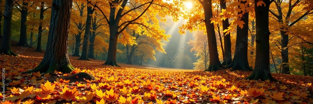 A blanket of golden yellow and orange leaves covering the forest floor, changing seasons, natural scene A blanket of golden yellow and orange leaves covering the forest floor, changing seasons, natural scene