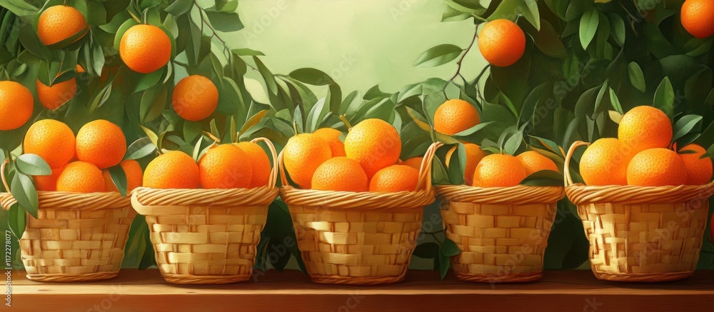 Fresh oranges in wicker baskets, harvest abundance. Fresh oranges in wicker baskets, harvest abundance.