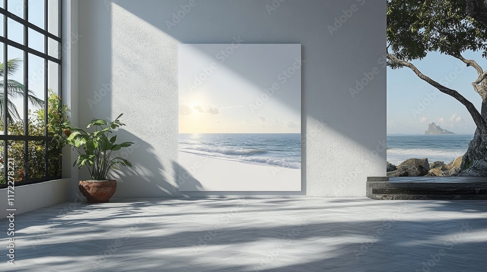 Serene Beachscape Canvas in Minimalist Interior Serene Beachscape Canvas in Minimalist Interior