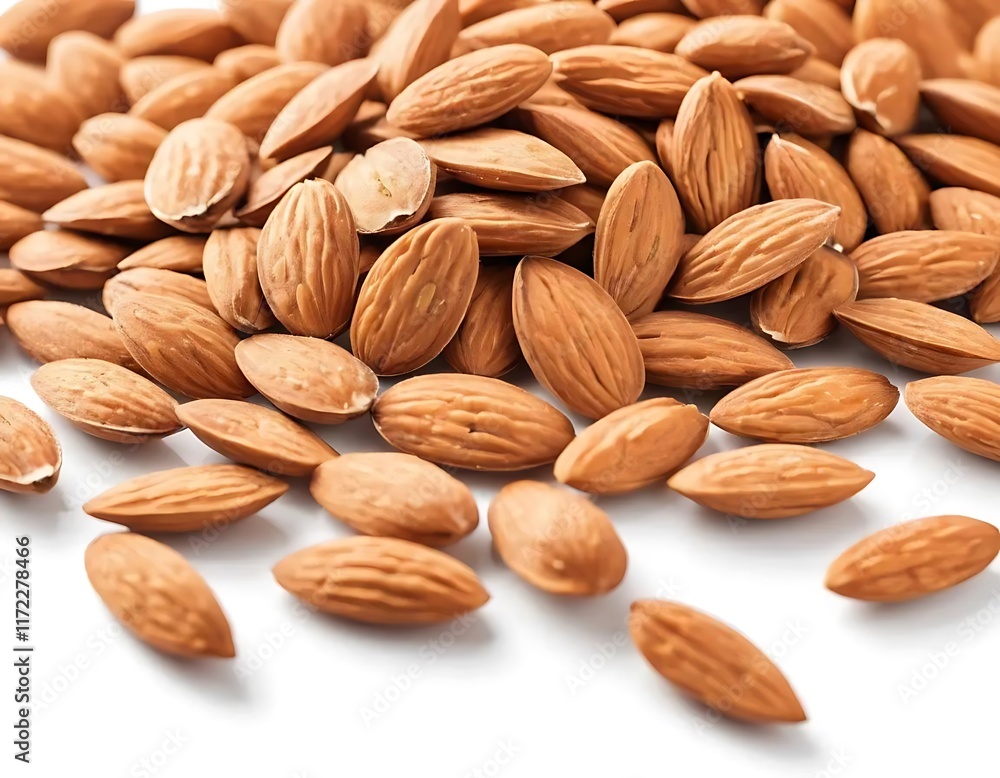 Obraz premium A pile of almonds scattered on a white background