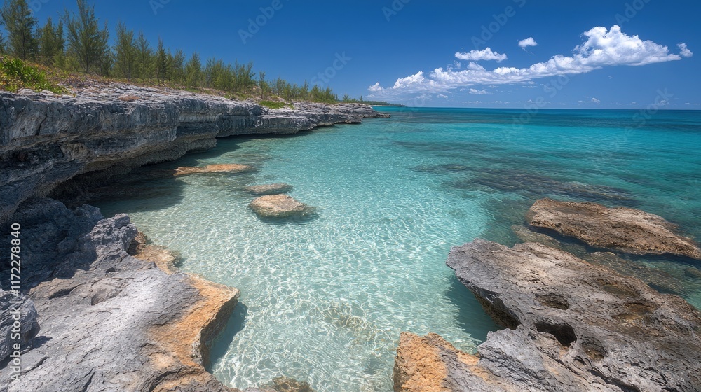 Secluded cove with crystal-clear turquoise water, rocky shore, and lush greenery under a bright blue sky. Secluded cove with crystal-clear turquoise water, rocky shore, and lush greenery under a bright blue sky.