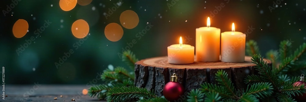 Flickering candles on a Christmas tree stump with evergreen branches, peaceful scene, evergreen Flickering candles on a Christmas tree stump with evergreen branches, peaceful scene, evergreen