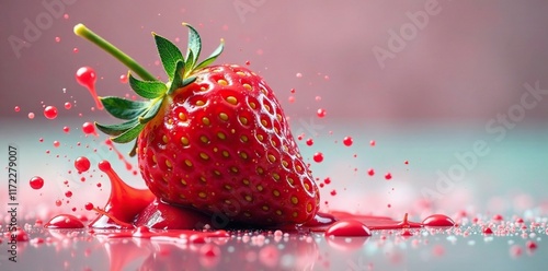 Splash effect on a strawberry with a bold color filter, ColorfulFruit, bold photo