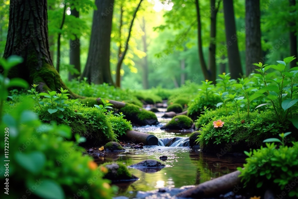 Fototapeta premium Forest floor with a slow-moving stream and lush greenery, greenery, forest floor
