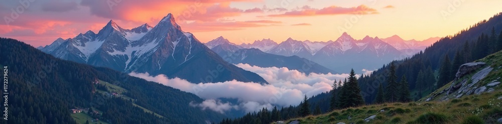 Misty dawn in Tatra Mountains with rocky peaks, peak, landscape Misty dawn in Tatra Mountains with rocky peaks, peak, landscape