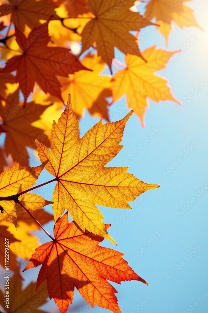 Autumn hues of yellow orange maple leaves in sunlight, leaves, sky Autumn hues of yellow orange maple leaves in sunlight, leaves, sky