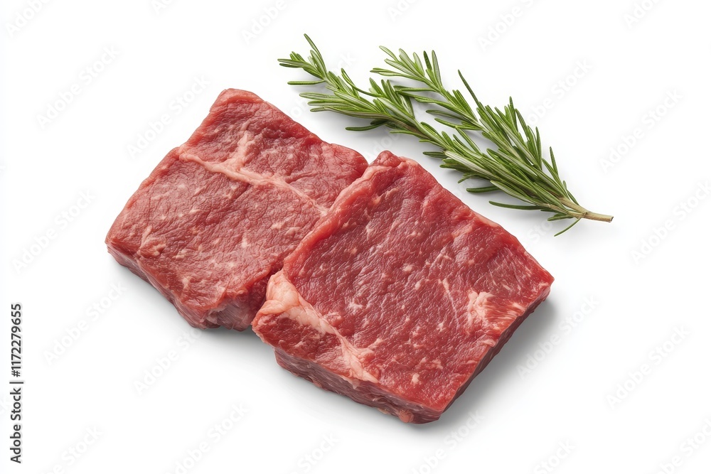 Two raw beef steaks with rosemary sprig. (4) Two raw beef steaks with rosemary sprig. (4)