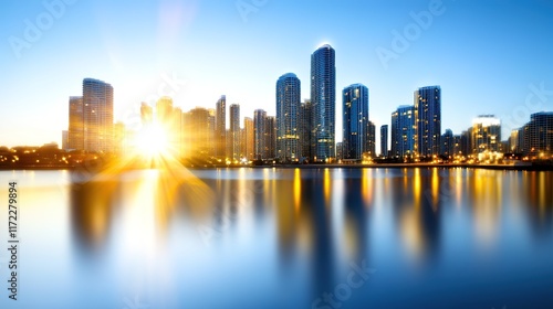 Wallpaper Mural City skyline at sunrise with reflections on calm water surface Torontodigital.ca