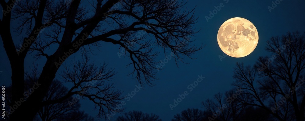 Full moon illuminating the dark branches of a tree, darkness, tranquility Full moon illuminating the dark branches of a tree, darkness, tranquility
