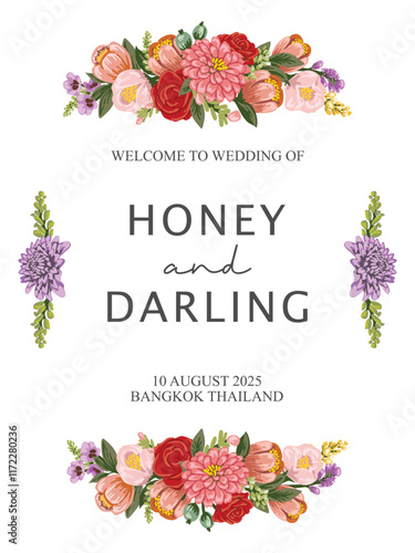 Floral wedding welcome sign template. Wedding welcome sign with flower. border, invitation. Botanical background vector illustration