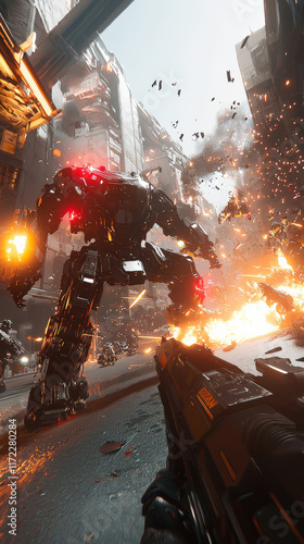 A high-action FPS game screenshot showing a player in a mech suit engaging in combat against enemies in a city under siege, with explosions and destruction in the background.