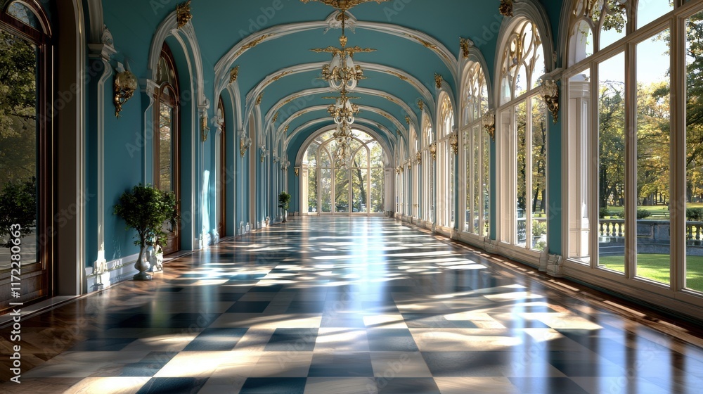 Obraz premium A beautifully lit corridor with large windows, featuring elegant chandeliers and a patterned floor, surrounded by greenery.