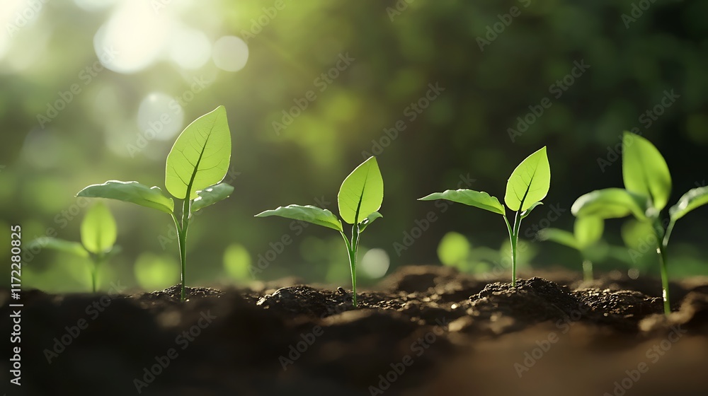 Four young green seedlings growing in rich dark soil, bathed in sunlight. Four young green seedlings growing in rich dark soil, bathed in sunlight.