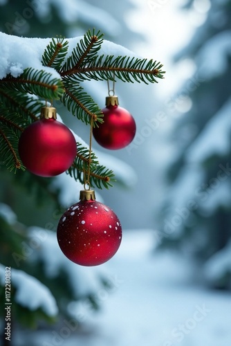 Pine branch with red Christmas ornaments in the snowy forest, festive atmosphere, wintery atmosphere photo