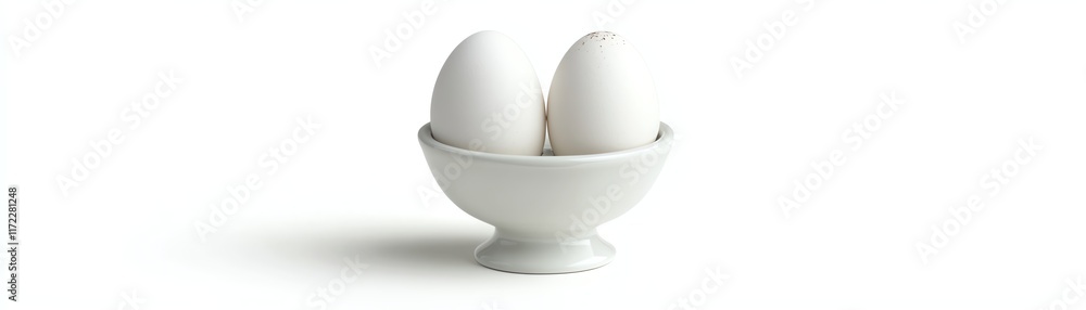 Two white eggs in a simple white bowl on a white background. Two white eggs in a simple white bowl on a white background.