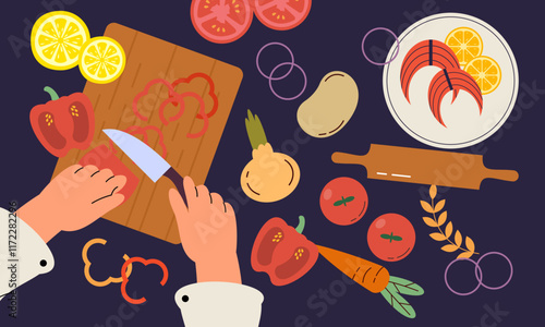 Food cooking top view. Sign or poster for restaurant menu with dish cook. Chef cooking at kitchen with meal ingredients