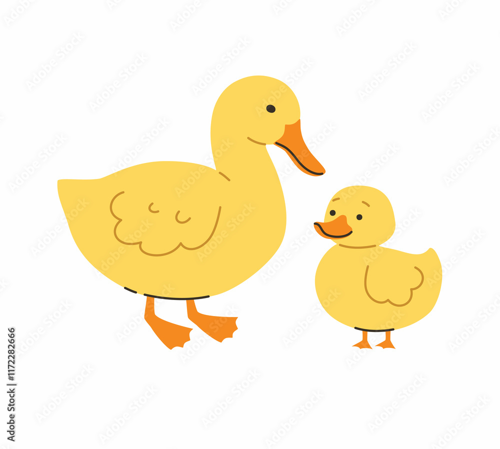 Mother duck and her baby duckling. Flat vector illustration. Mother duck and her baby duckling. Flat vector illustration.