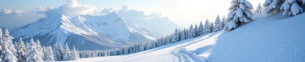 Mountain slope covered in fresh powder and trees, snow, peaceful Mountain slope covered in fresh powder and trees, snow, peaceful