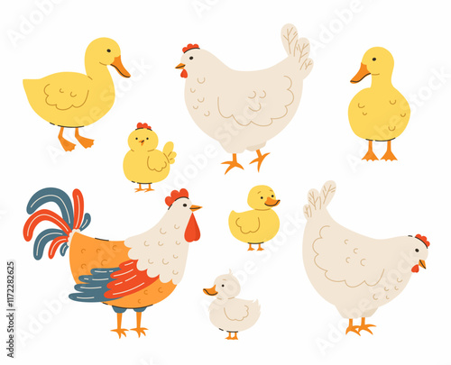 Set of domestic birds and their children. Hens and chicks, ducks and ducklings, rooster. Flat vector illustration.