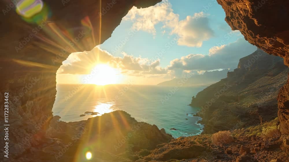 Overhanging cliff provides stunning panoramic view of a breathtaking tranquil ocean scene