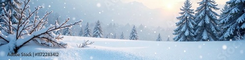 Wallpaper Mural Softly falling snowflakes create a peaceful atmosphere on a vast expanse of untouched white snow amidst pine branches, frosty morning, serene scene, natural scenery Torontodigital.ca