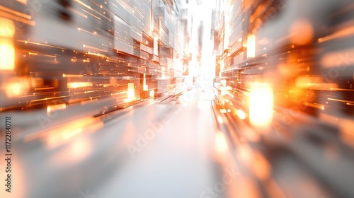 An abstract blurred background of a futuristic city with light rays and orange glowing elements, symbolizing data flow. The design uses a white and grey color theme with an orange glow, 3D rendering