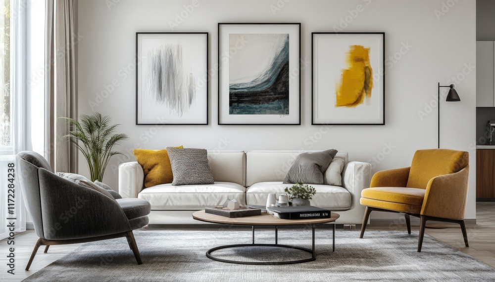 Fototapeta premium Modern Living Room Interior Design with Large Windows Sectional Sofa and Natural Light
