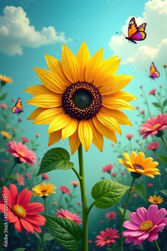 Sunflower in a whimsical garden with colorful butterflies and flowers, solo bloom, whimsical