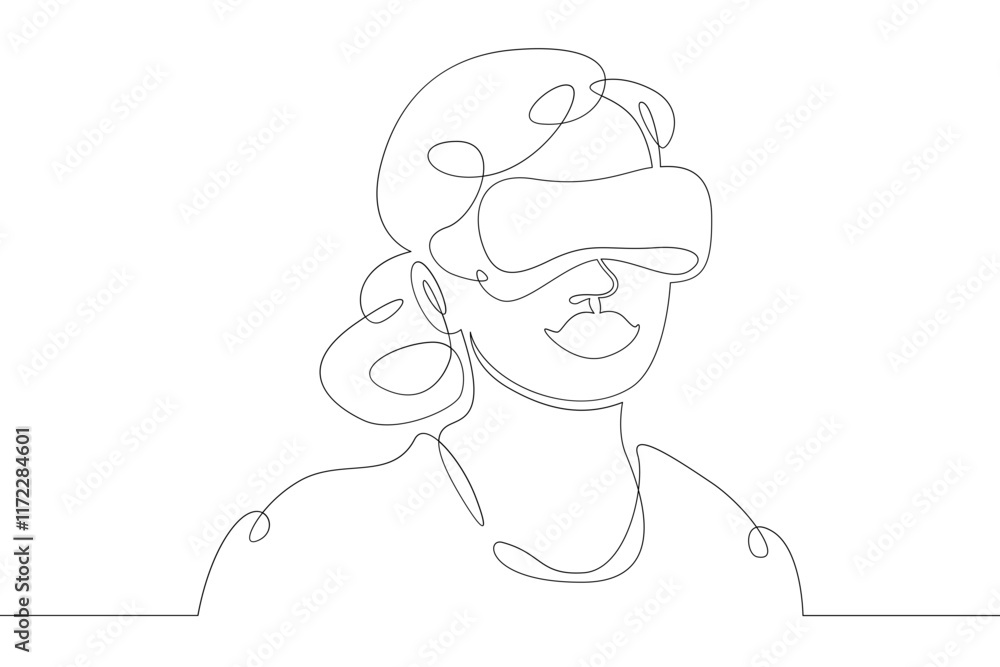 Little teenager child playing virtual reality. Character in a helmet with glasses of virtual reality. One continuous drawing line logo single hand drawn art doodle isolated minimal illustration. Little teenager child playing virtual reality. Character in a helmet with glasses of virtual reality. One continuous drawing line logo single hand drawn art doodle isolated minimal illustration.
