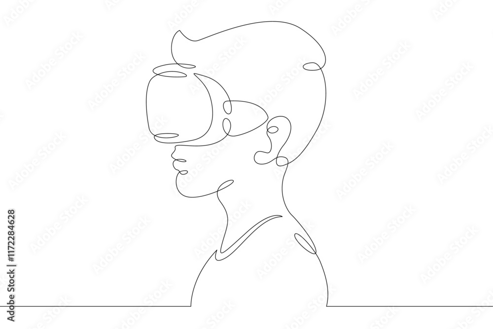 Little teenager child playing virtual reality. Character in a helmet with glasses of virtual reality. One continuous drawing line logo single hand drawn art doodle isolated minimal illustration. Little teenager child playing virtual reality. Character in a helmet with glasses of virtual reality. One continuous drawing line logo single hand drawn art doodle isolated minimal illustration.