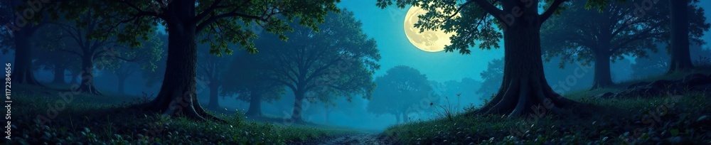 Fototapeta premium A forest is bathed in the soft glow of moonlight, nature, , trees
