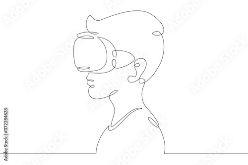 Little teenager child playing virtual reality. Character in a helmet with glasses of virtual reality. One continuous drawing line  logo single hand drawn art doodle isolated minimal illustration.
