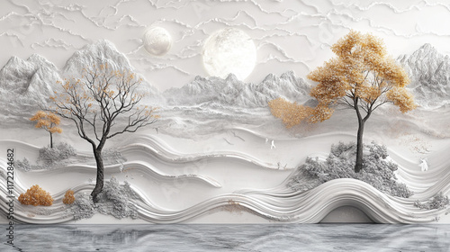 Abstract contemporary wall mural depicting gray mountain, and abstract background, texture, mountain, art, Elegant, Luxury mountain range Illustration. photo