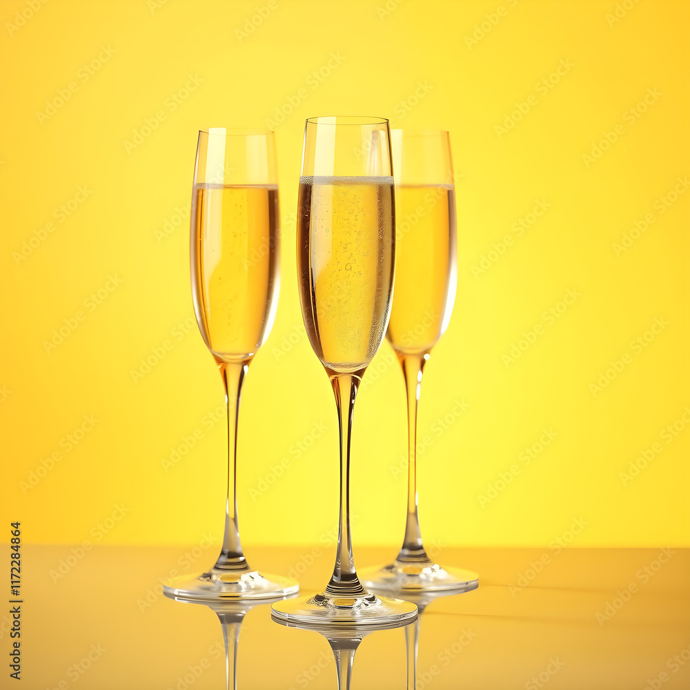Three champagne flutes are sitting on a table, each filled with a golden liquid Three champagne flutes are sitting on a table, each filled with a golden liquid