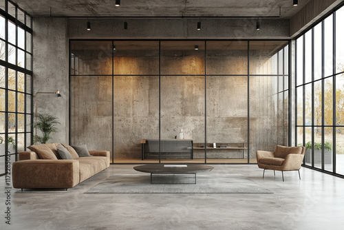 Modern loft living room, concrete walls, glass partition, autumn view photo