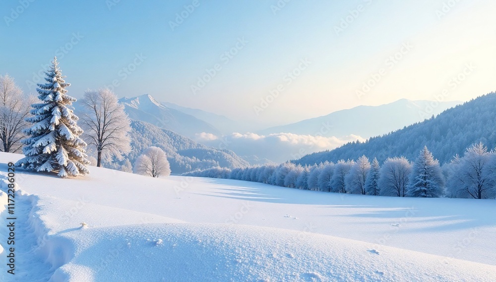 Frosty morning landscape with snow-covered trees and a pale blue horizon, gradient sky, mountains, frosty Frosty morning landscape with snow-covered trees and a pale blue horizon, gradient sky, mountains, frosty