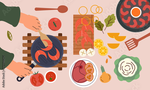 Food cooking top view. Sign or poster for restaurant menu with dish cook. Chef cooking at kitchen with meal ingredients