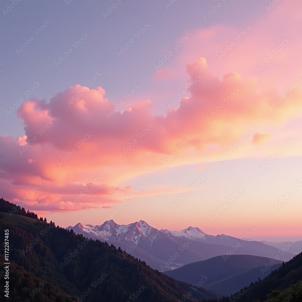 Obraz premium Soft pink clouds spread over Thessalian mountains at sunset, pastel, nature, sunset