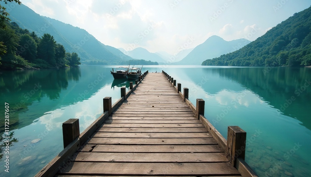 Wooden jetty extending into a serene fishing lake, pier, wooden, reflection Wooden jetty extending into a serene fishing lake, pier, wooden, reflection