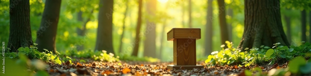 Wooden lectern sits in sunlit forest with trees around, leafy, forest, peaceful Wooden lectern sits in sunlit forest with trees around, leafy, forest, peaceful