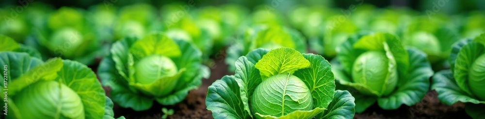 Lush green cabbage crops growing in a garden bed, raised beds, serene Lush green cabbage crops growing in a garden bed, raised beds, serene