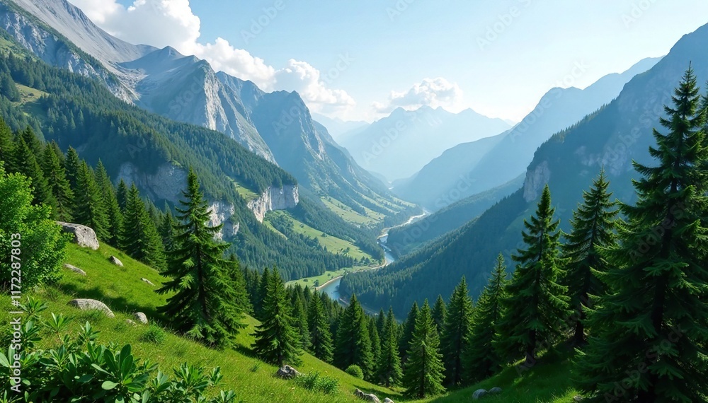 Fototapeta premium Lush green forest with rugged gray brown mountains, forests, hills