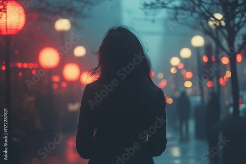 nighttime street scene with a young woman walking alone tension in her posture shadows lurking behind her dim streetlights casting an eerie glow conveying fear and vulnerability