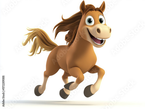 cheerful cartoon horse galloping with its mane flowing in wind, showcasing playful and lively spirit. This animated character embodies joy and energy