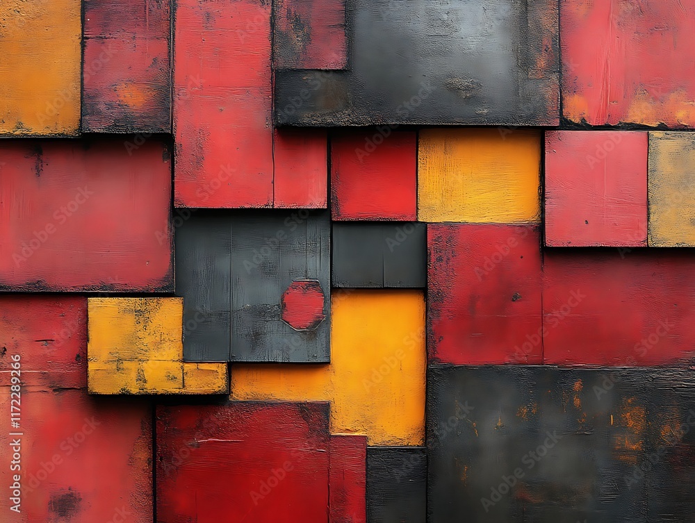 Abstract red, black, and yellow wood block wall. Abstract red, black, and yellow wood block wall.