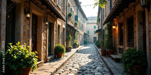 Dappled sunlight on cobblestone streets of Place dArmes during Christmas season, cobblestone, dappled, frosted photo