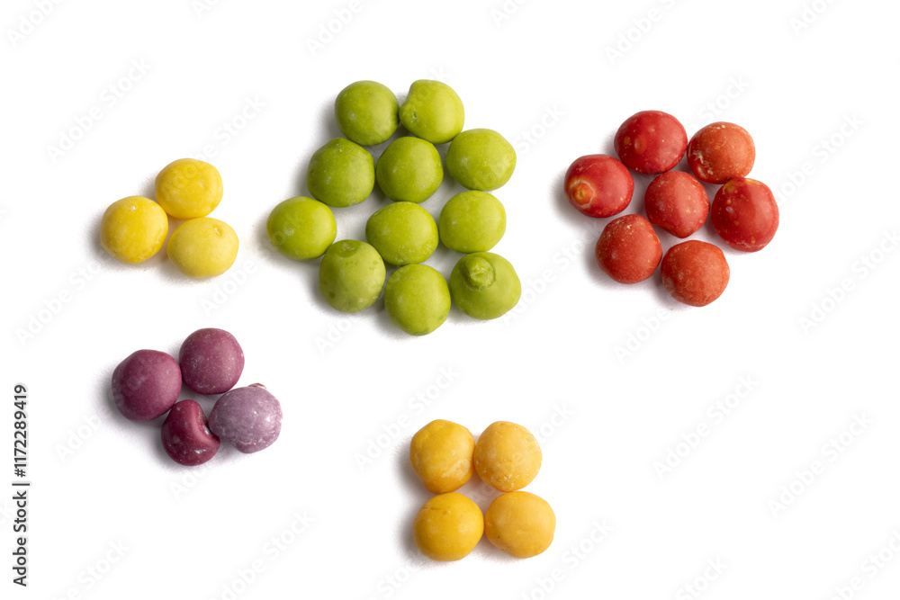 Dye-free natural candy with no artificial ingredients isolated on a white background in groups based on the color, healthier alternative, good option for ADHD children Dye-free natural candy with no artificial ingredients isolated on a white background in groups based on the color, healthier alternative, good option for ADHD children