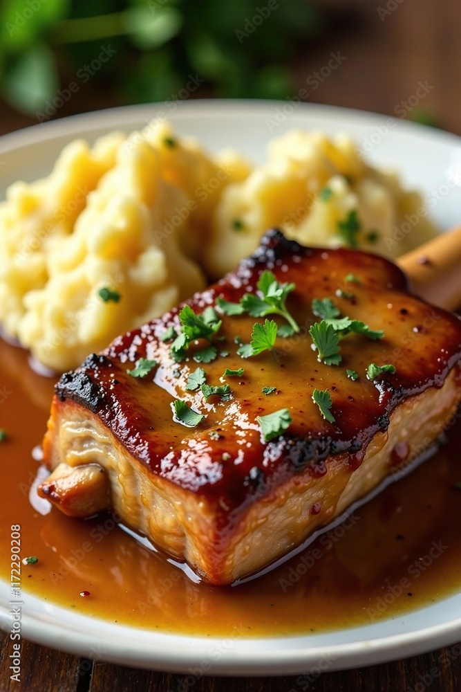 Roasted pork shoulder on the bone with fluffy mashed potatoes and gravy, delicious, roasted pork, homely Roasted pork shoulder on the bone with fluffy mashed potatoes and gravy, delicious, roasted pork, homely