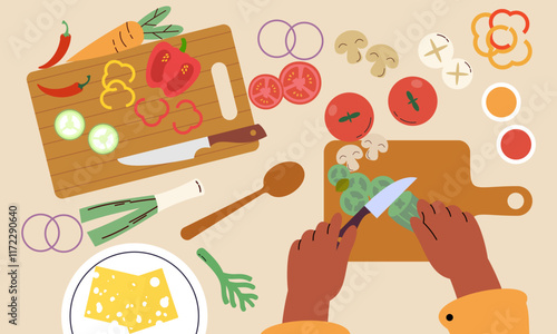 Food cooking top view. Sign or poster for restaurant menu with dish cook. Chef cooking at kitchen with meal ingredients